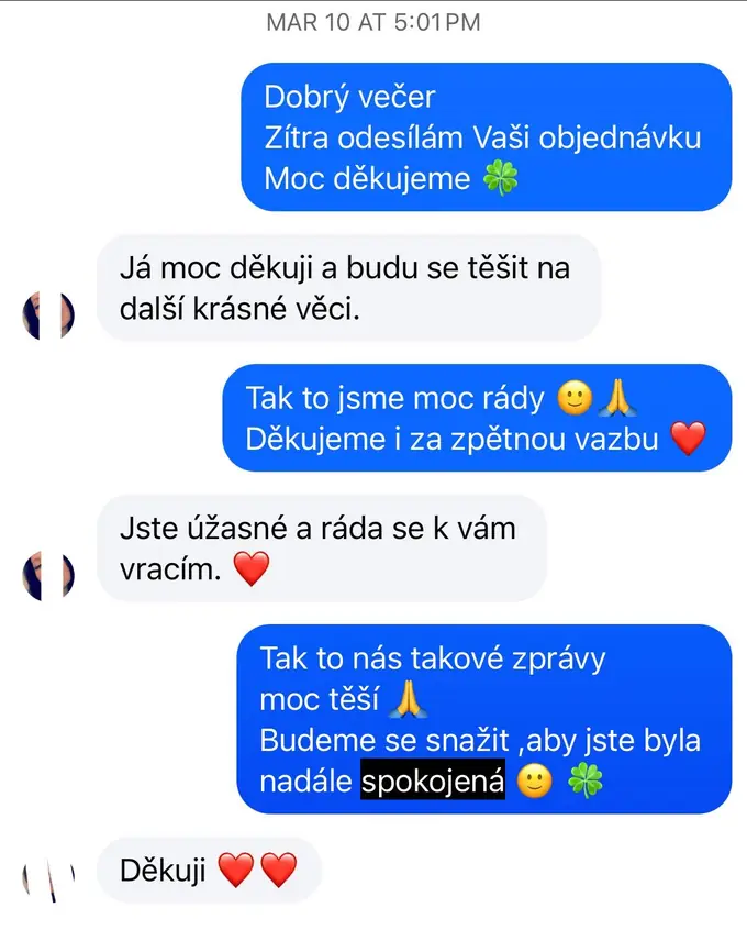 Screenshot zprávy od zákaznice