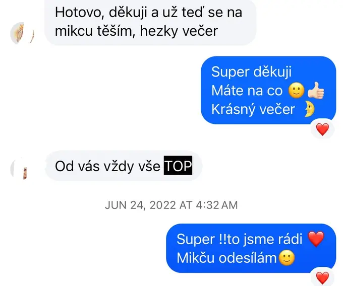 Screenshot zprávy od zákaznice