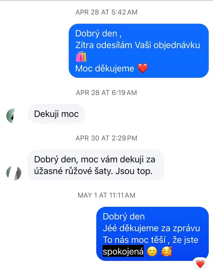 Screenshot zprávy od zákaznice