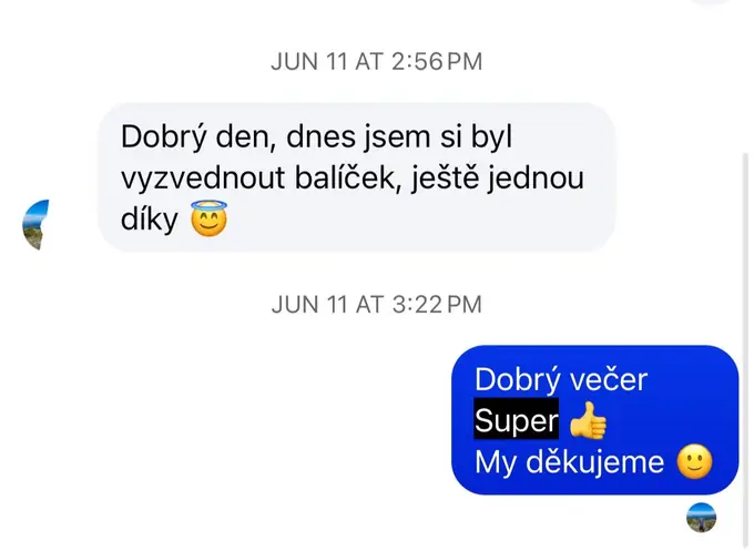 Screenshot zprávy od zákaznice
