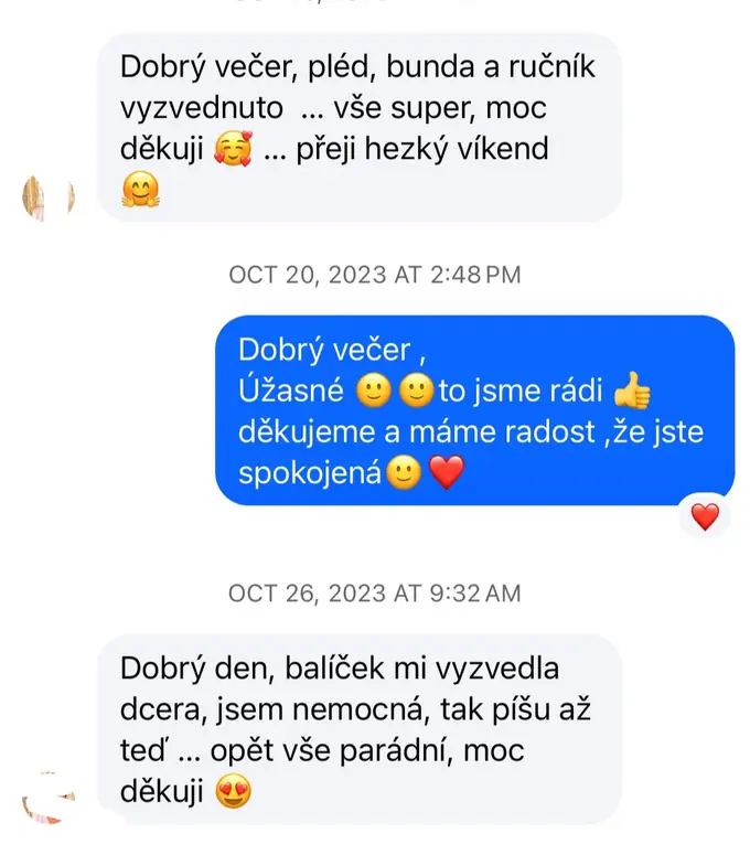Screenshot zprávy od zákaznice